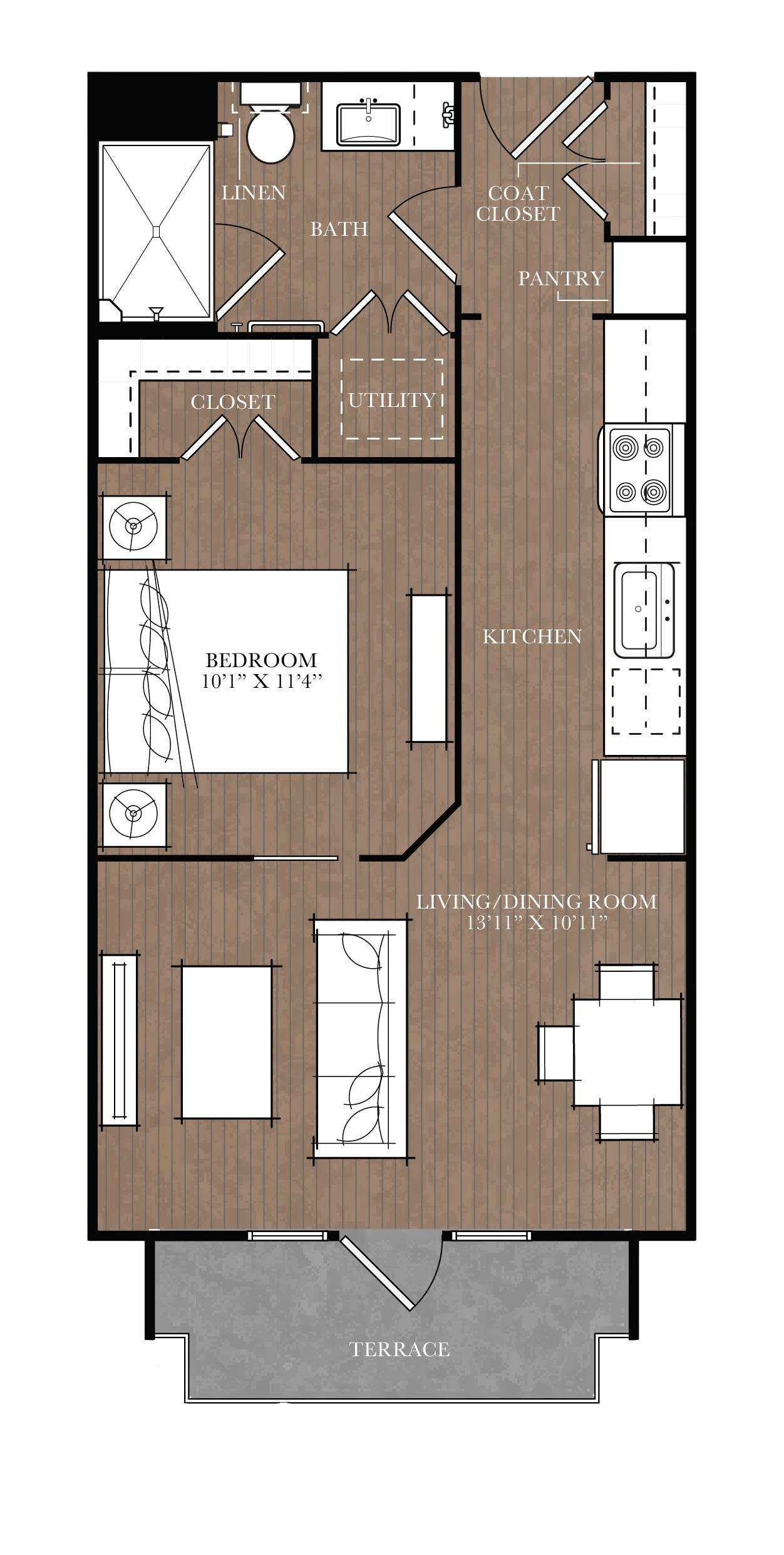 Floor plan for 1 bed, 1 bath, 571 sqft